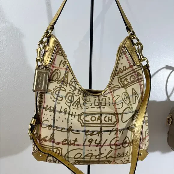 Coach Y2K Scribble Plaid Gold Trim Hobo Bag F13309 Pink Lining - Picture 2 of 11